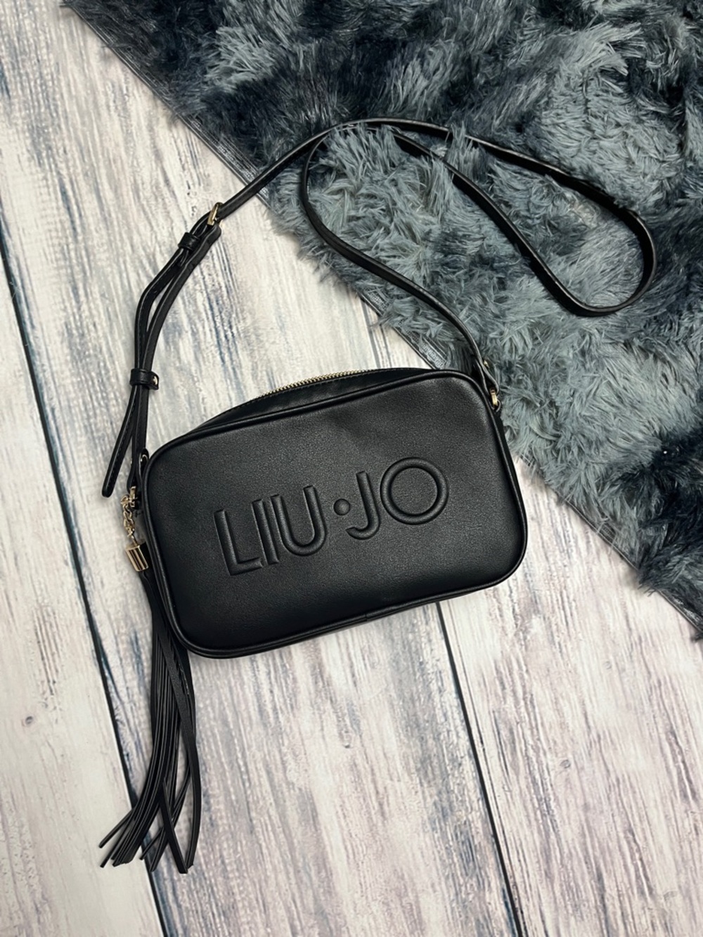 “Liu•Jo” Black Embossed Logo Crossbody with Tassel